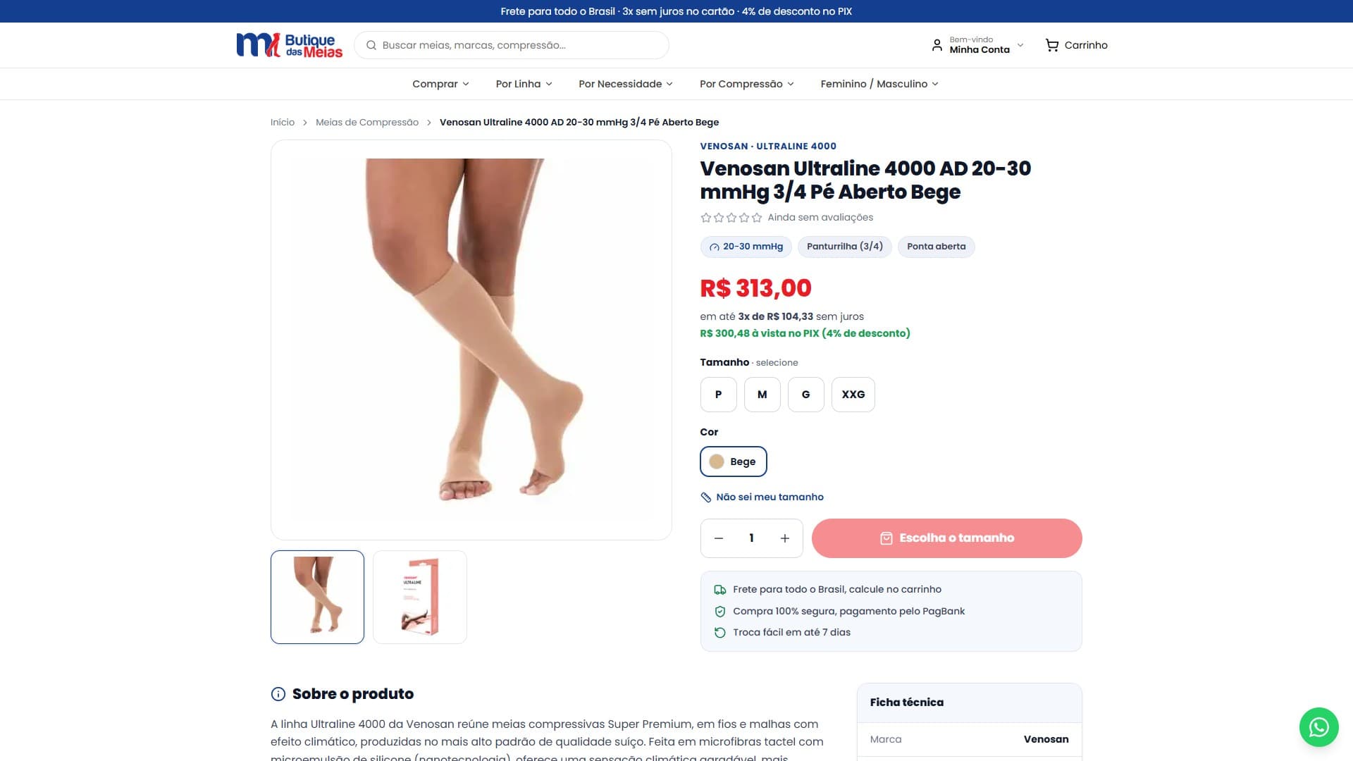 Página de produto da Butique das Meias